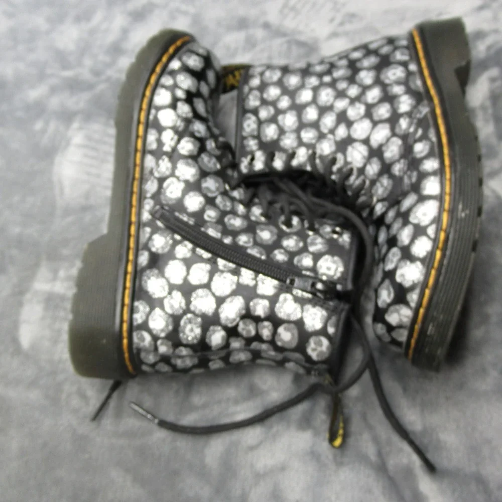 Dr. Martens Boots Youth 2 Silver Metallic Leopard Print Leather Side Zip Lace-Up